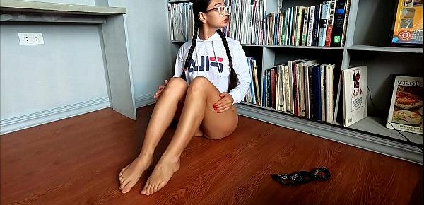 Horny student masturbate pussy like crazy in home library with orgasms - PassionBunny